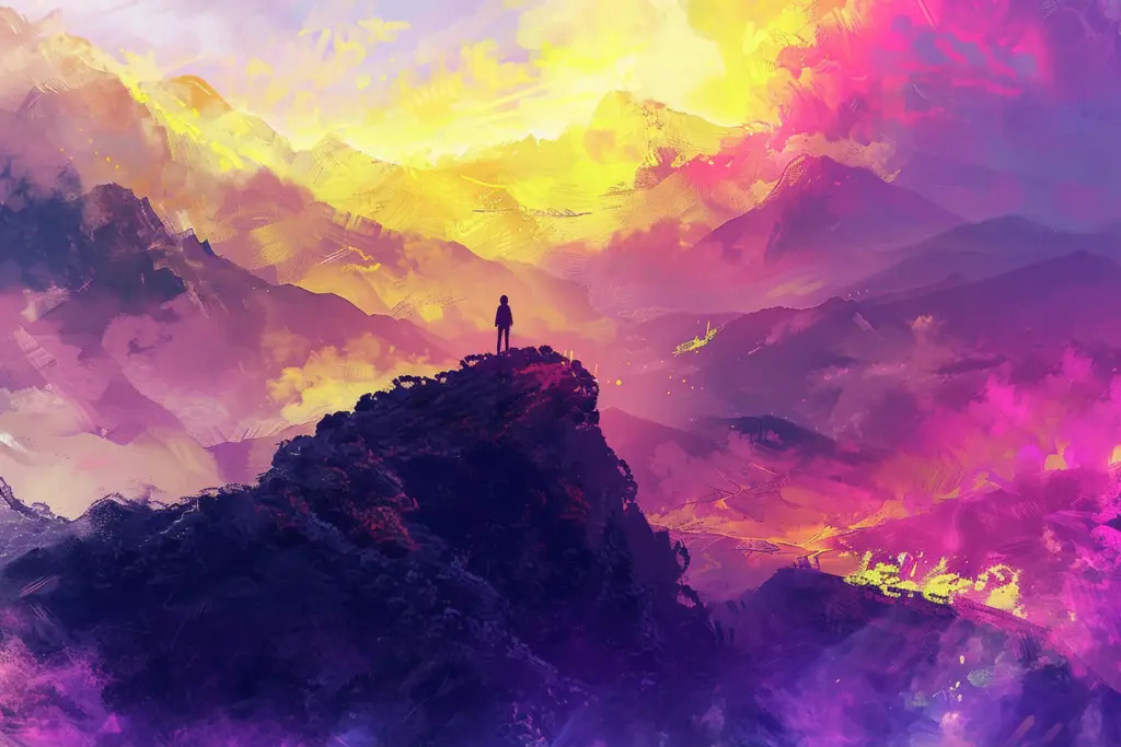 A person standing on a mountain peak, overlooking a vibrant and colorful landscape, symbolizing the journey and transformation through mastering habits with the 21/90 rule.