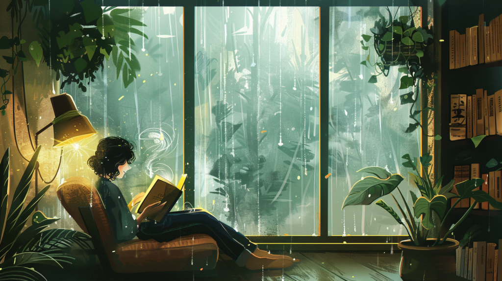 A cozy reading nook with a woman relaxing and reading by a large rain-soaked window surrounded by lush indoor plants, capturing a serene moment of mindfulness and personal growth.