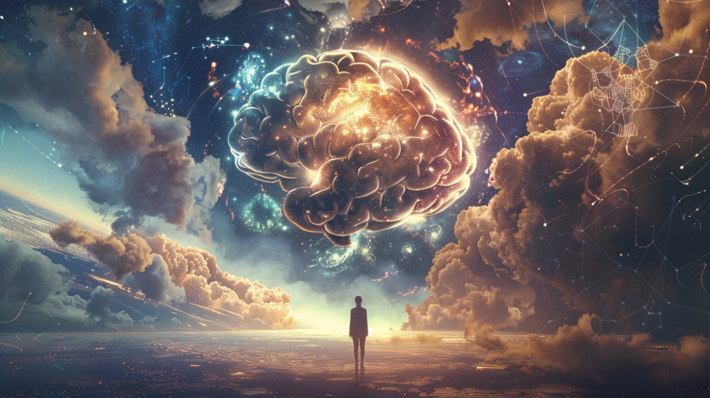 An ethereal scene of a glowing brain floating in a cosmic sky filled with stars and galaxies, symbolizing the power of the subconscious mind. A lone figure stands below, gazing up, surrounded by clouds and celestial elements, representing introspection and limitless potential.