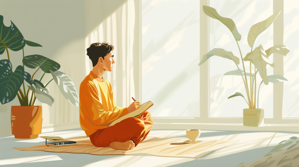 A young person sitting cross-legged on the floor in a bright, minimalist room with large plants and sunlight streaming through the windows. They are writing in a notebook, with a closed laptop and a cup of tea nearby, conveying a peaceful, reflective moment during a digital detox.