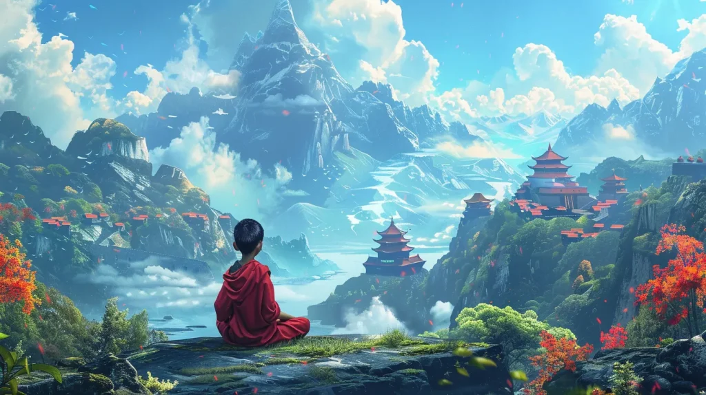 A person meditating on a mountain with serene temples and vibrant nature, representing mindfulness habits for personal growth and stress reduction.