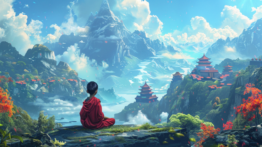 A young boy in a red robe sitting on a mountain cliff, meditating while overlooking a breathtaking landscape with temples, misty valleys, and a serene blue sky.