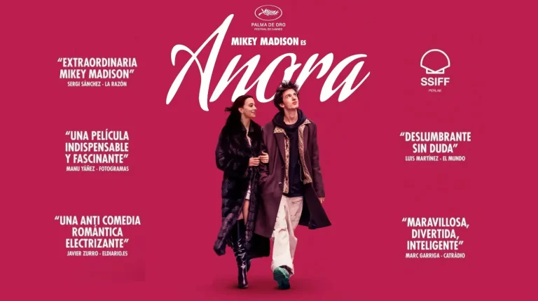 Official poster of Anora (2024), featuring Mikey Madison and co-star walking together. Anora is an indie film that redefines the modern Cinderella story."